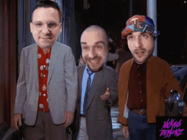 three men are standing next to each other with their faces on a poster that says nekaj zenonz on it