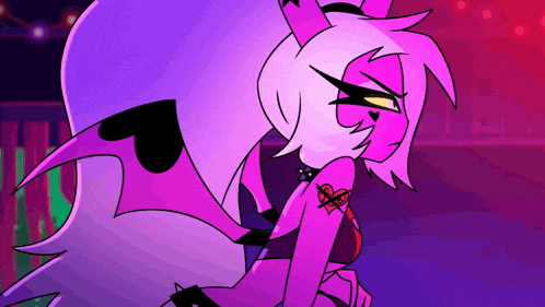a cartoon character with purple hair and wings is sitting on the floor in a dark room .