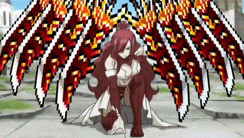 a pixel art of a woman with wings that are red and white