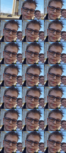 a collage of images of a boy with glasses