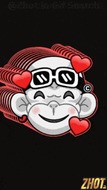 a cartoon of a monkey wearing sunglasses with red hearts around his face