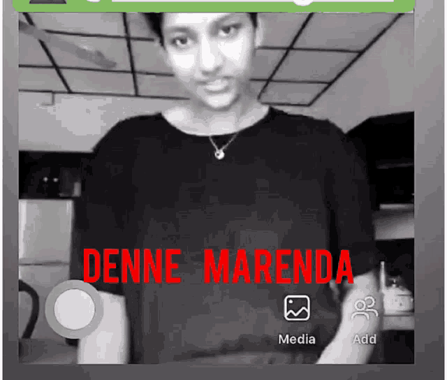 a black and white photo of a person with the name denne marenda on the bottom