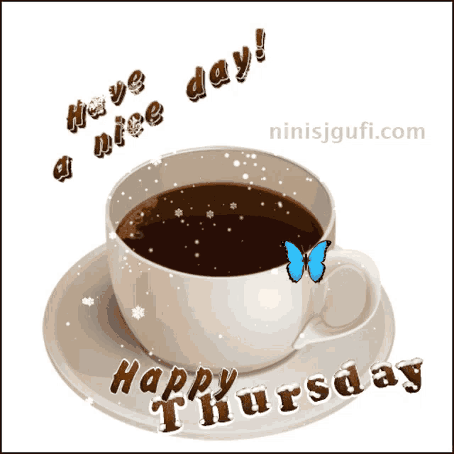 a cup of coffee on a saucer with the words happy thursday on the bottom