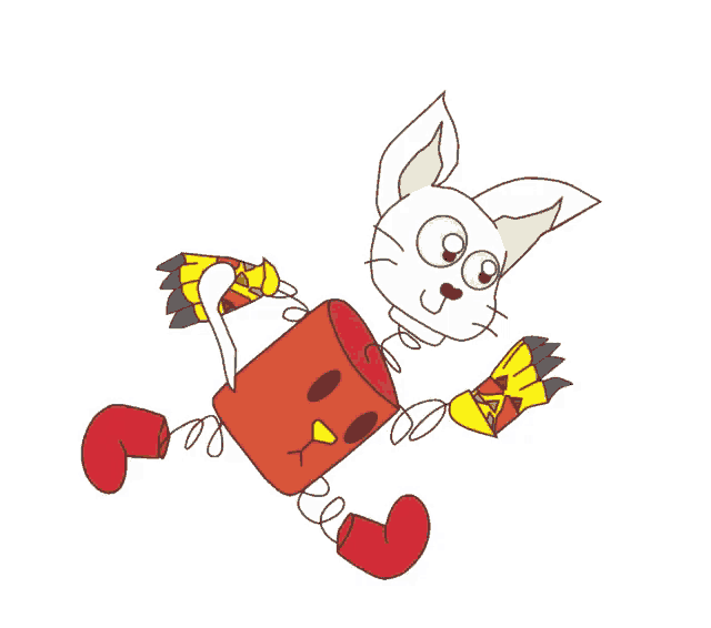 a drawing of a cat holding a red object with a face on it