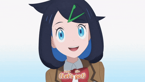 a girl with blue hair and a green leaf in her hair is smiling and says let 's go