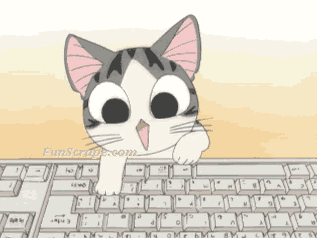 a cartoon cat is peeking over a keyboard with funscrapes.com written on the bottom