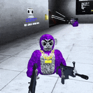 a purple monkey is holding a gun and wearing a gold chain that says police