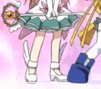 a couple of anime characters standing next to each other on a pink background . one of the characters is holding a wand .