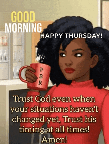 a woman in a red shirt is holding a cup of coffee and a quote about trusting god .
