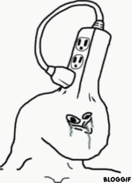 a black and white drawing of a chicken with a plug coming out of it .