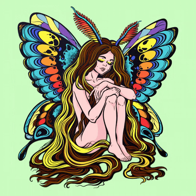 a naked woman with long hair and colorful butterfly wings sits on a green background