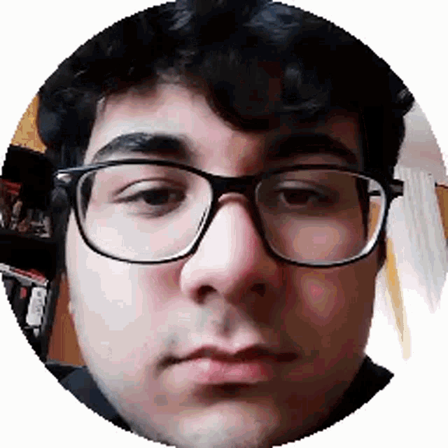 a close up of a man wearing glasses in a circle