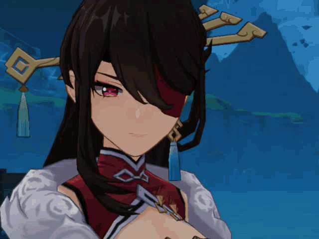 a cartoon character with a red eye and a sword in her hand