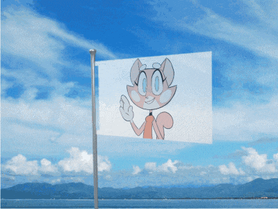a flag with a cartoon character on it flying in the wind