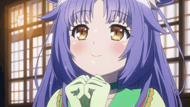 a girl with purple hair and a white ear looks at the camera