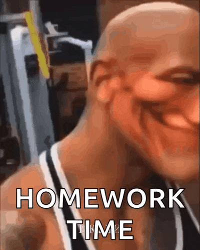 a bald man is smiling with the words homework time written on the bottom