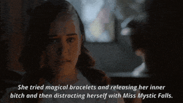 a girl in a dark room with the words she tried magical bracelets and releasing her inner bitch and then distracting herself