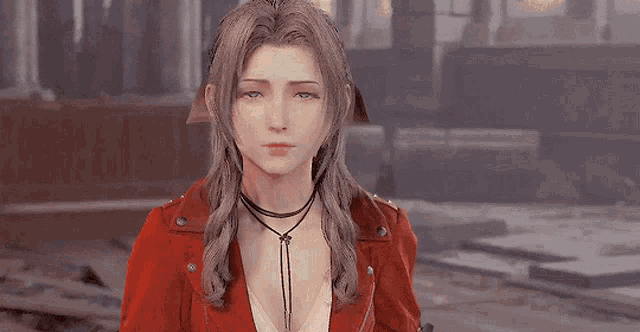 a woman wearing a red jacket and a choker is looking at the camera