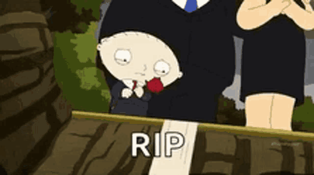 a cartoon character is standing next to a sign that says rip on it .