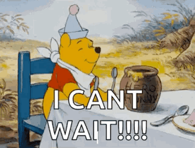 a cartoon of winnie the pooh sitting at a table with a pot of honey .