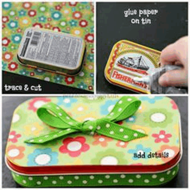 a collage of pictures showing how to make a tin box with a bow