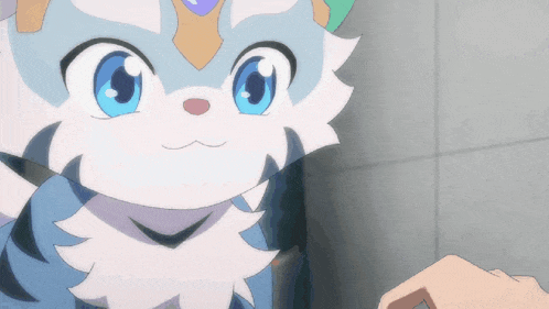 a cartoon cat with blue eyes is being petted by a person