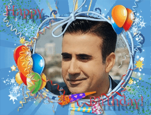 a picture of a man with balloons and the words happy birthday written on the bottom