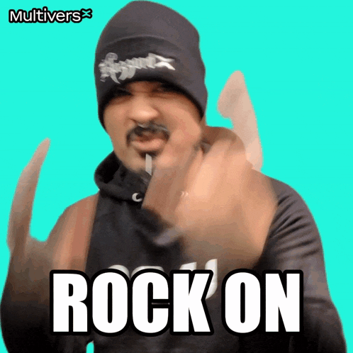 a man wearing a black hat and a black hoodie says rock on