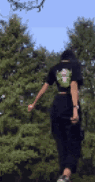 a person wearing a black t-shirt with a frog on the back is walking through a forest .