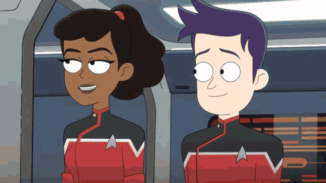 two cartoon characters are standing next to each other