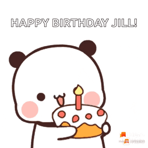 a panda bear is blowing out a candle on a birthday cake and says happy birthday jill !