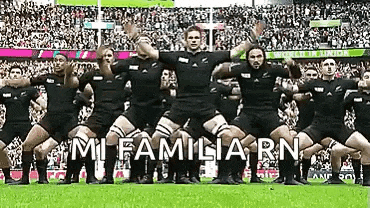 a group of rugby players are doing a haka on the field .
