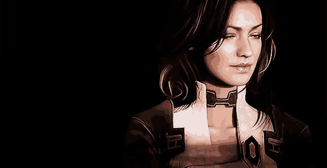 a woman with a choker around her neck is wearing a brown jacket