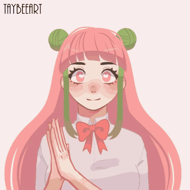a drawing of a girl with pink hair and green hair says taybeeart on the bottom