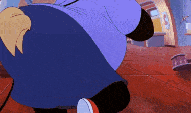 a cartoon character is standing in a room with a purple shirt on .