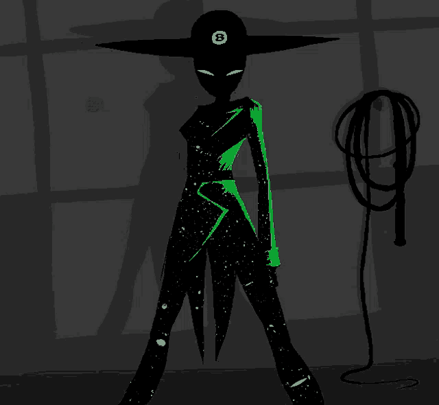 a silhouette of a woman with a rope and a hat with the letter b on it
