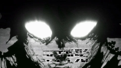a black and white drawing of a monster with glowing eyes and a few letters visible