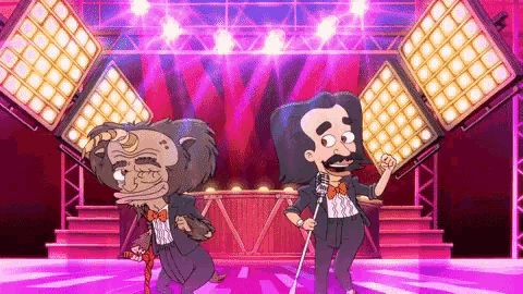 a couple of cartoon characters are standing on a stage holding microphones .