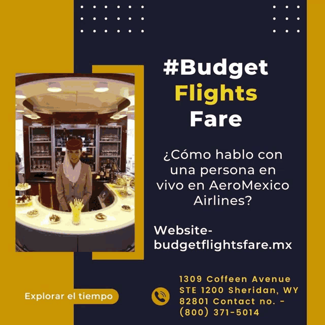 an advertisement for budget flights fare shows a woman behind a counter