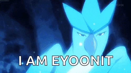 a blue bird with the words `` i am eycoonit '' on it 's face .
