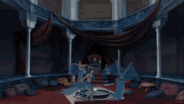 a group of women are dancing in front of a building in a video game