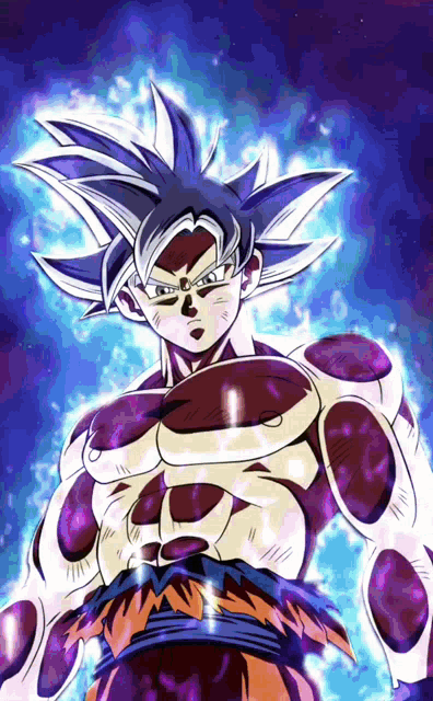 a drawing of a cartoon character with a purple and blue background
