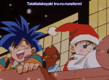 a cartoon of a boy wearing a santa hat with the words tatatatakoyaki tru-ru-runsform on the bottom