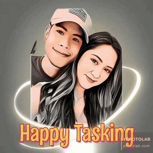 a picture of a man and a woman with the words happy tasking