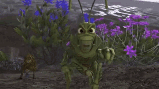 a cartoon grasshopper is standing in front of purple and blue flowers