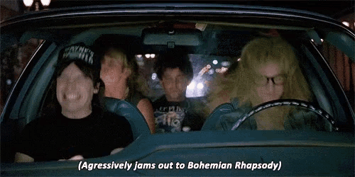 a group of people sitting in a car with the words " aggressively jams out to bohemian rhapsody " on the bottom