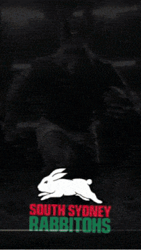 a poster for the south sydney rabbits shows a rabbit running with a rugby ball
