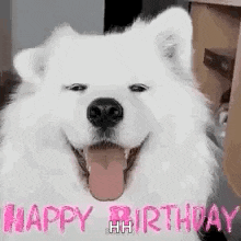 a white dog with its tongue hanging out and the words `` happy birthday '' written on it .