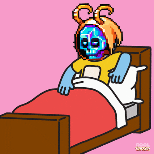 a pixel art drawing of a person laying in a bed with a skull on their head