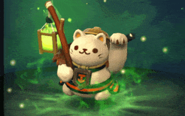 a white cat holding a lantern and a stick with the letter h on it